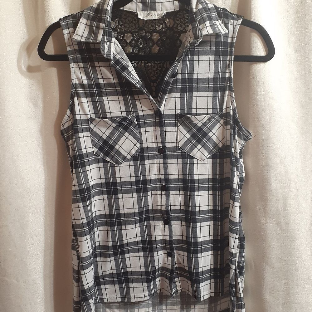 Embroidered Lace Back Shirt, Black & White Plaid Sleeveless by M Fasis size S